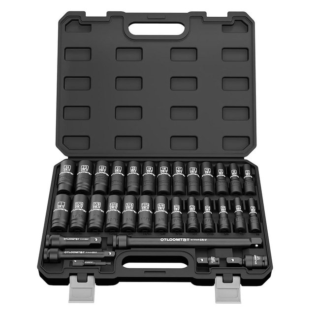 OTLOOMTBT 32PCS 1/2" Drive Impact Socket Set - Heavy Duty Industrial-Grade Deep Sockets, Metric/SAE Full Set with Extension Bar, Cr-V Steel Corrosion-Resistant Coating & Premium Storage Case
