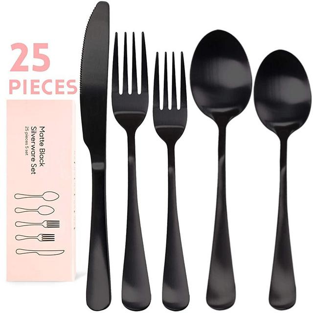 RENOOK 25-Piece Matte Black Silverware Set, Utensil Sets for Kitchens, Satin Finish Stainless Steel Flatware Set, Tableware Cutlery Set for 5, Dishwasher Safe, Gift Package.(25)