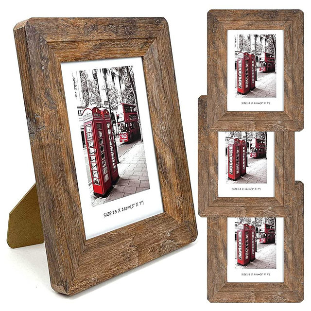 5x7 Picture Frames Set, Set of 4 Wooden Picture Frames Real Glass and Composite Wooden Rustic Rounded Corners Photo Display for Tabletop Wall Mount with Hanging Hardware and Stand (Brown)