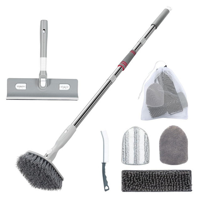 Tile Tub Floor Cleaner Scrubber With Long Handle - 5-in-1 Shower Brush Set for Bathroom, Kitchen, Walls, Sink - Includes Window Scraper and 3 Detachable No Scratch Heads