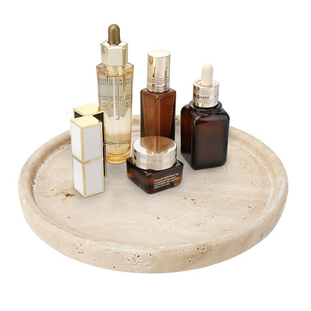XINFUHUA Travertine Tray, Small Ceramic Vanity Tray for Bathroom Counter Decor, Round Marble Decorative Trays for Coffee Table (Beige, Large Size)