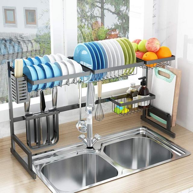 Over Sink(32”) Dish Drying Rack, 2 Cutlery Holders Drainer Shelf for Kitchen Supplies Storage Counter Organizer Stainless Steel Display- Kitchen Space Save Must Have (Sink size ≤ 32 1/2 inch, black)