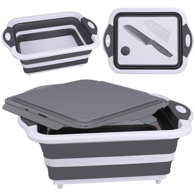 QiMH Collapsible BBQ Prep Tub, Picnic Basket with Lid Foldable Dish Basin, Washing and Draining Veggies Fruits, Food Grade Portable Cutting Board for Camping, Traveling, and Kitchen