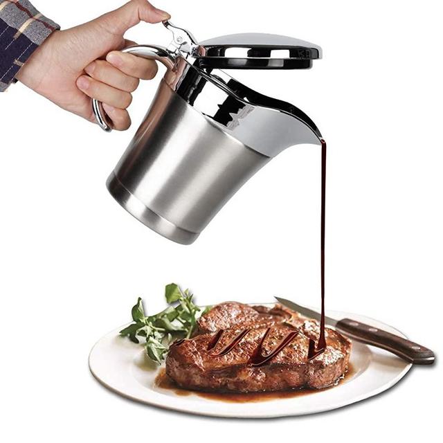 IAXSEE Gravy Boats, Gravy Warmer, Double Wall Stainless Steel Make, Creamer Pitcher and Caramel Sauce for Coffee, 19oz Stainless Steel Pitcher