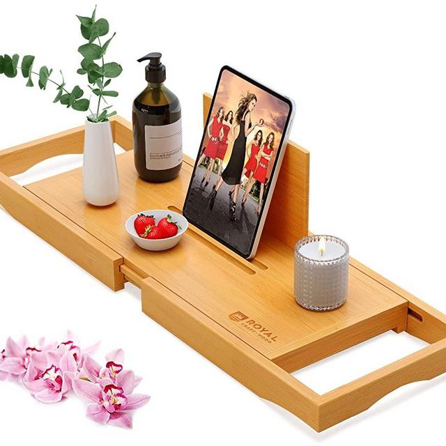 ROYAL CRAFT WOOD Luxury Bathtub Tray Caddy - Bamboo Adjustable Bath Tub Table Caddy for Bathroom, Bathtub Caddy Tray, Bathtub Accessories (Natural)