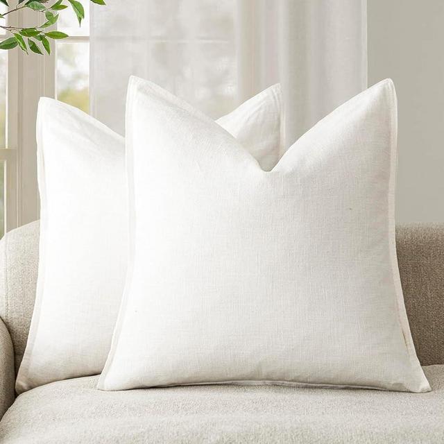 Foindtower Pack of 2, Decorative Linen Soild Throw Pillow Covers Soft Accent Cushion Case Boho Farmhouse Neutral Pillowcase for Couch Sofa Bed Living Room Home Decor 22 x 22 Inch Cream White