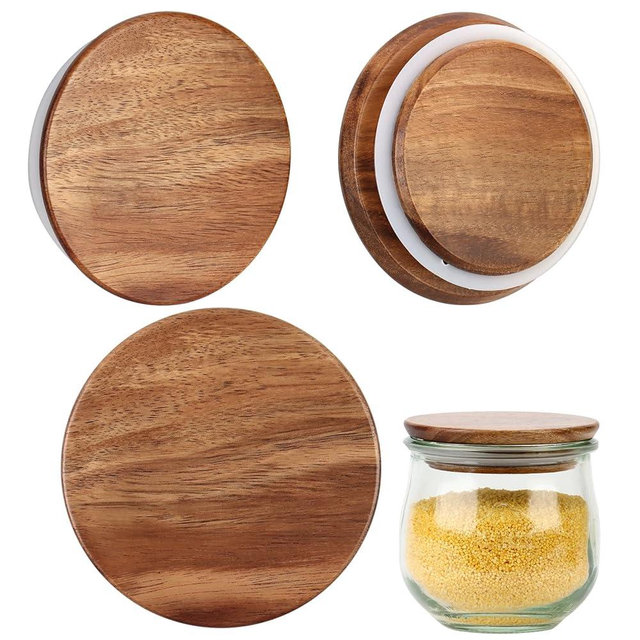 2 Pack Lids for Weck Jars 80mm Opening Acacia Tulip Glass Jar Lid with Silicone Airtight Jar Wooden Lids Medium 3.44" Reusable Storage Lids Fits for Weck Jar Models 900 976 746 901 996 958 908