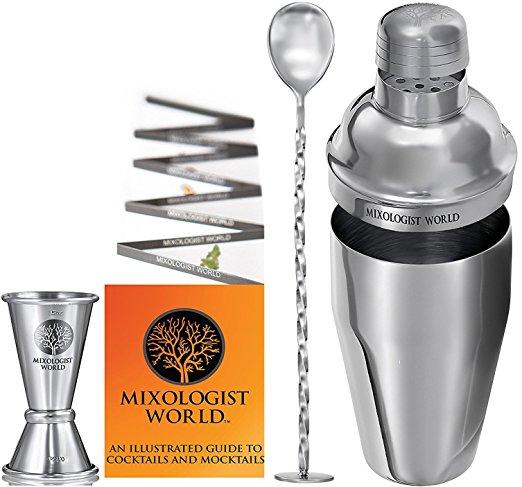Premium Cocktail Shaker Bar Set - Martini Kit - with Double Measuring Jigger and Mixing Spoon plus Drink Recipes Booklet - 24 oz Bartender Stainless Steel Boston Tin Built-in Strainer Tool