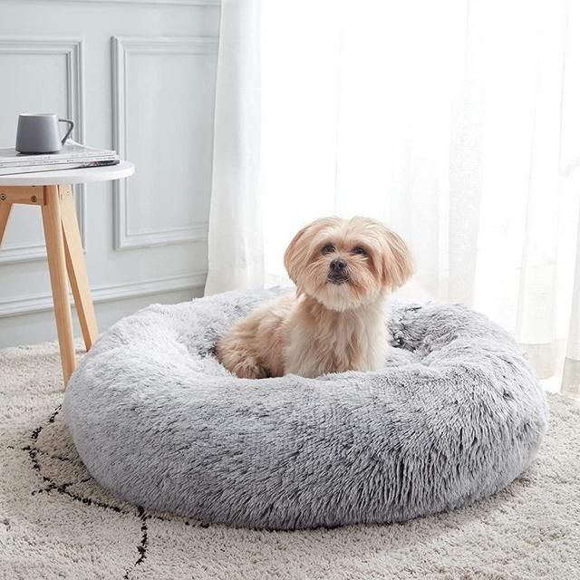 Calming Dog Bed & Cat Bed, Anti-Anxiety Donut Dog Cuddler Bed, Warming Cozy Soft Dog Round Bed, Fluffy Faux Fur Plush Dog Cat Cushion Bed for Small Medium Dogs and Cats (20"/24"/27")