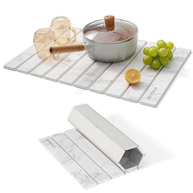 KEYCHAD Large Stone Drying Mat for Kitchen Counter - 24x16 Quick Drying Collapsible Dish Drying Mat - Super Absorbent Diatomaceous Earth Mat - Stone Dish Drying Mat for Cups Dishes (White Marble)