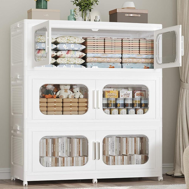 QAVAHIDUS 150Gal Extra Large Stackable Storage Bins with Lid & Wheels & Doors, 200QT/50GAL 3-Tiers Collapsible Closet Organizers Plastic Containers Drawers Boxes for Home Kitchen Bedroom, White