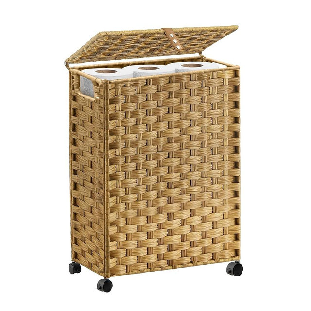 Hiagnete Toilet Paper Storage Basket with Lid and Wheels, Rattan Toilet Paper Holder Storage, Toilet Paper Organizer for Bathroom, Bedroom, Kitchen, 12.6”L x 7.1”W x 17.14”H, Naturall