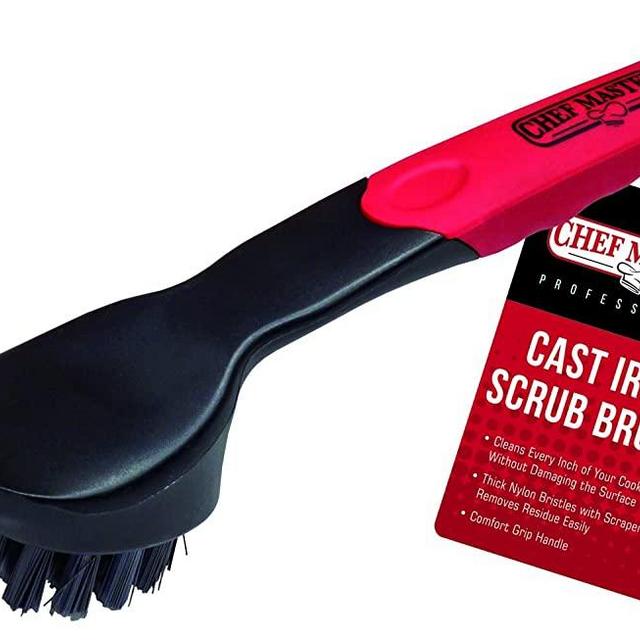 Chef-Master Cast Iron Scrub Brush | Comfortable Plastic Grip | Nylon Scraper and Bristles | Will not Damage Cast Iron | Use on Cast Iron Skillets |