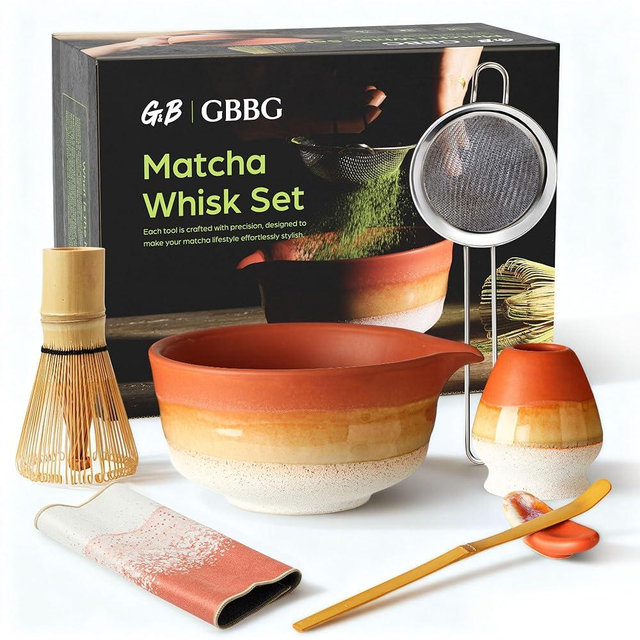 GBBG Matcha Whisk Set, Ceramic Matcha Kit Desert Style, Matcha Whisk and Bowl, Bamboo Scoop and Rest, Sifter and Tea Towel, 7 Pcs Gifts for Matcha Lover - Matte Soil
