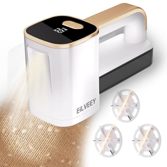 EiLVEEY Rechargeable Lint Remover, Fabric Shaver Fuzz Remover, Sweater Shavers with 6-Leaf Blades, 3-Speeds Digital LED Display to Remove Pilling for Clothing and Furniture, Lint Ball, White