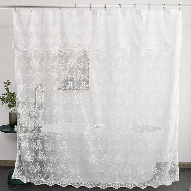 YJ YANJUN Victorian White Cottage core Scalloped Edge Bathroom Decor Embroidered Lace Shower Curtain - 72x84
