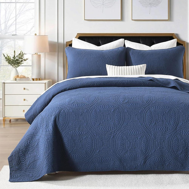 Homzard Quilt King Size Bedding Set, 100% Cotton Navy BlueKing Size Comforter Set,Coin Pattern Bedspread Set,Solid Modern Farmhouse Bedding Coverlet 3 Piece Bed Set, All Season