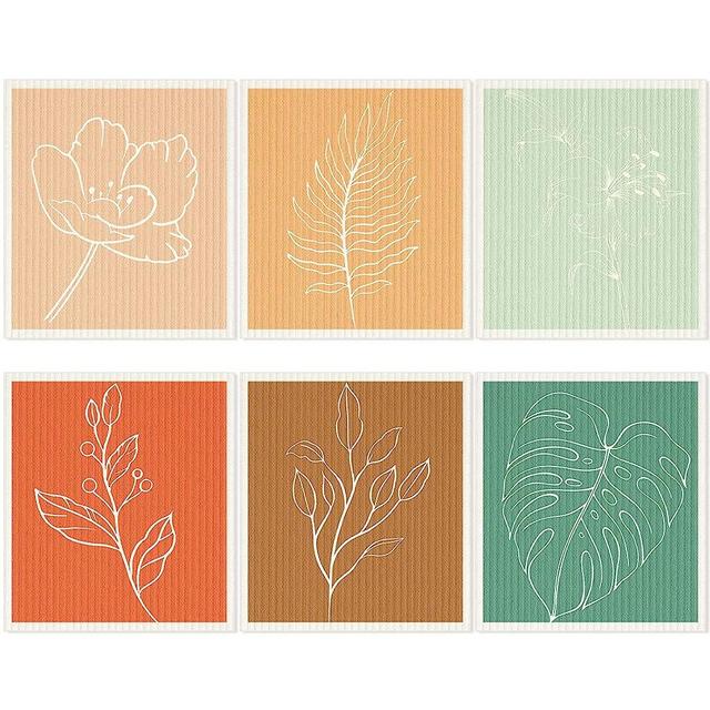 6 Pcs Swedish Kitchen Dishcloths Swedish Dishes Cloths for Kitchen Absorbent Sponge Cloths Kitchen Towels Reusable Cleaning Cloths Quick Drying for Home Kitchen Cleaning Dishcloths (Abstract Leaves)