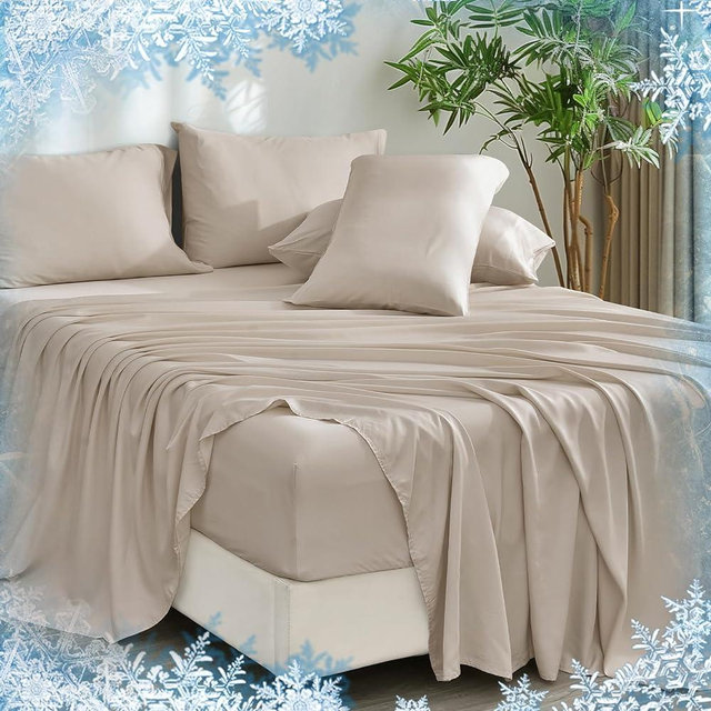 PHF Cooling Sheets Set King Size 6 Piece - 100% Rayon Derived from Bamboo - Wider Elastic Band & 16 Inch Deep Pockets - Luxury Soft and Breathable Bedding Sheets & Pillowcases, Light Taupe