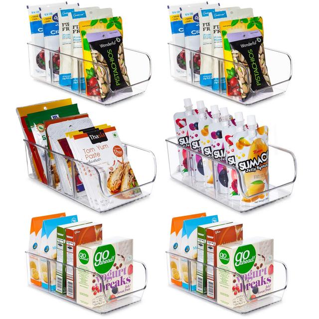 YIHONG 6 Pack Clear Storage Bins for Pantry Organization and Storage, Plastic Organizer Bins for Holding Seasoning Packets, Spice Pouches, Tea, Sugar, Snacks Packets, with 2 Removable Dividers
