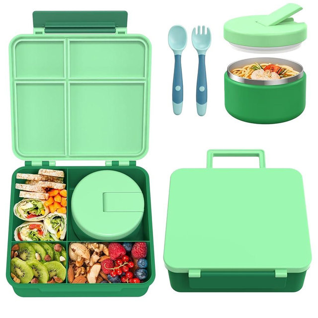 Bento Lunch Box with 8oz Soup Thermo, Kids Leakproof Lunch Food Containers with 4 Compartment, Kids Thermo Insulated Hot Food Jar for School, Trvael-Green