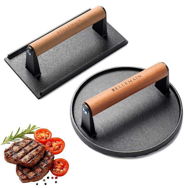 Bellemain Heavy-Duty Cast Iron Grill Press Set – Perfect Smash Burger & Steak Press with Ergonomic Wood Handle for Pro-Level Searing on Griddle, Skillet, or BBQ