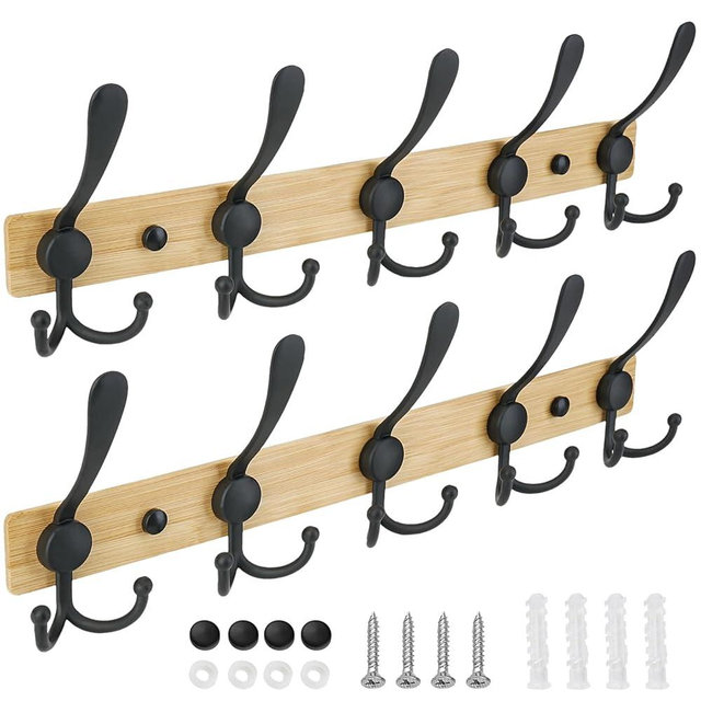 TICONN Wall Mounted Coat Rack, Five Heavy Duty Tri Hooks All Metal Construction for Jacket Coat Hat in Mudroom Entryway (Wood Black, 2-Pack)