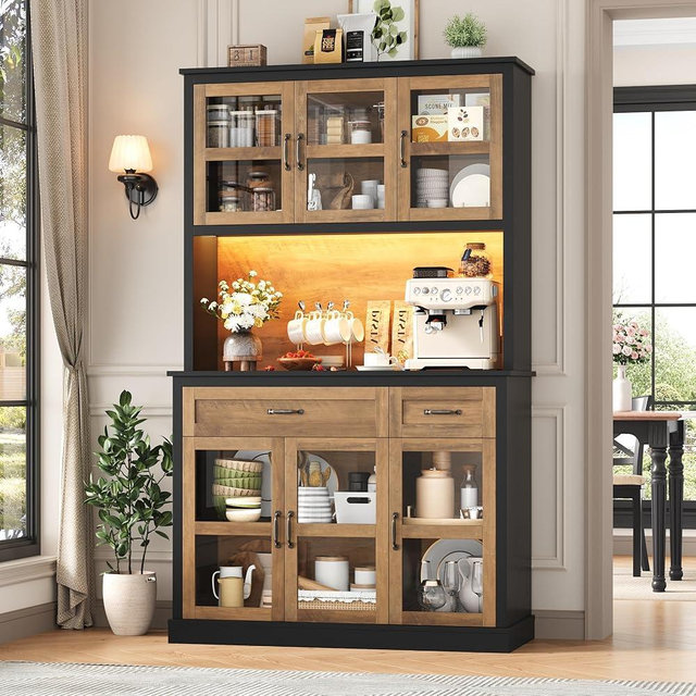 FINETONES 71" Pantry Cabinet with LED Light and Charging Station, Storage Cabinet with Microwave Stand, Kitchen Pantry Hutch Cupboard with Doors and Shelves, Black/Brown