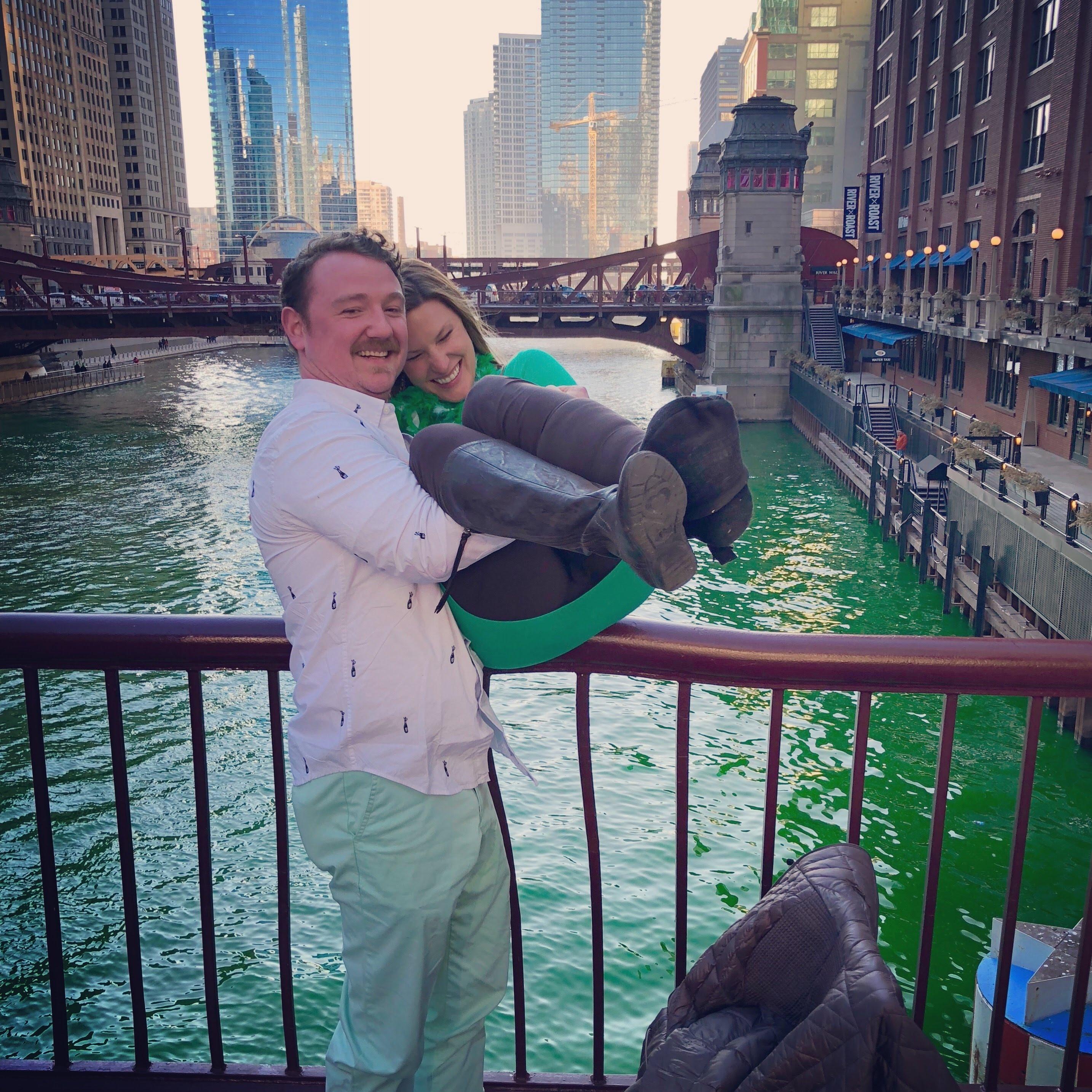St Patty's 2018, Chicago River. Katie had a cast on her leg and trucked around Chicago and Edison Park on a knee wheelie.