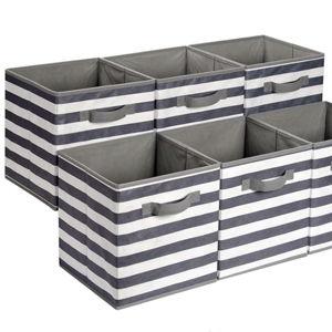 Amazon Basics Collapsible Fabric Storage Bins with Handles, Cube Organizer for Home Organization, 10.5"x10.5"x11", White/Light Grey Stripe, 6-Pack