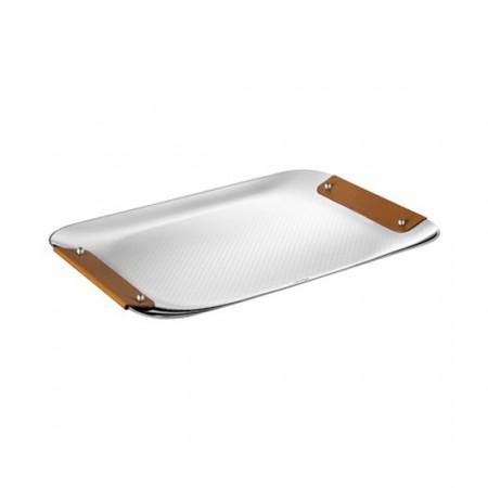 Christofle Stainless Steel Tray with Calf Camel Leather Handles