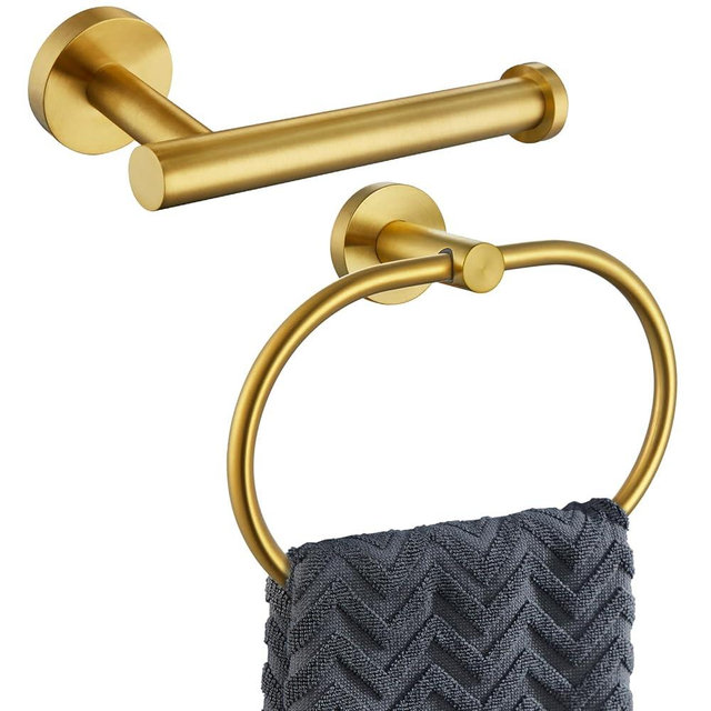 APLusee 2 Pieces Bathroom Hardware Set Brushed Gold, Contemporary 304 Stainless Steel Storage Accessories Kit with Oval Hand Towel Ring, Toilet Paper Holder Wall Mounted