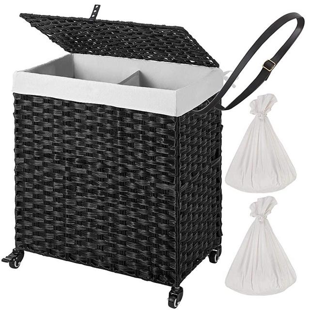 Greenstell Laundry Hamper with Wheels & 2 Removable Liner Bags, Divided Handwoven Hampers, Synthetic Rattan Clothes Laundry Basket with Lid & Handles, Foldable & Easy to Install Black 22x12x26.4 in