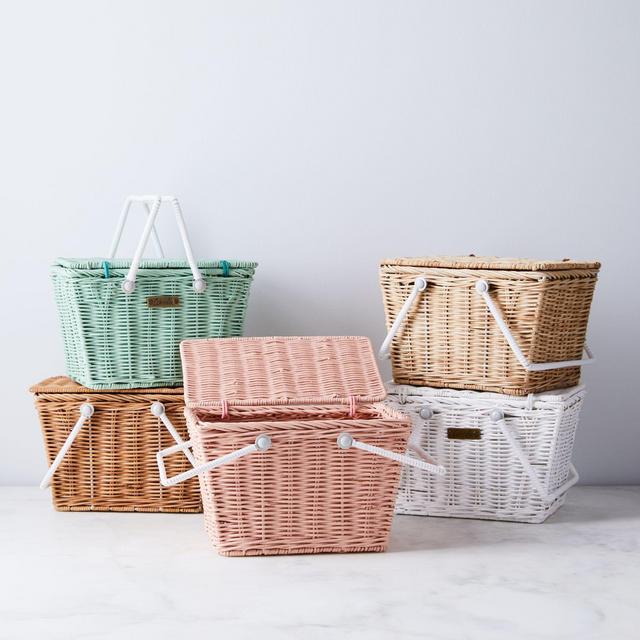 Mini White & Brown Rattan Picnic Basket