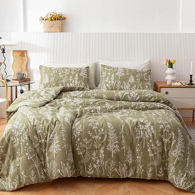 Janzaa Queen Comforter Sets Olive Green Comforter,3 PCS Bedding Sets Floral Comforter Set Plant Flowers Printed on Green Comforter Set