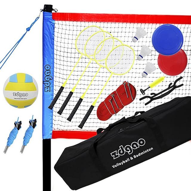 Zdgao Badminton & Volleyball Combo Set - Professional Volleyball Net for Lawn, Backyard, Easy Set up Volleyball Set with Carry Bag, Boundary Line | Come with Flying Discs for Family Fun