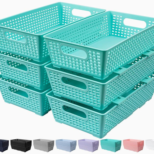 Tiawudi Stackable Woven Plastic Basket, Storage Bins for Cabinet, Closet, Shelf, Under Sink and Countertop, Pantry Organizer Bins, 6 Pack