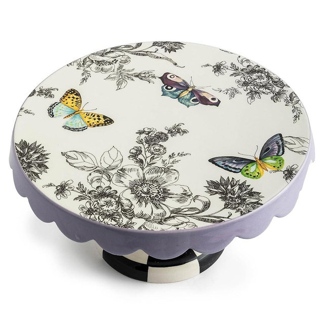 MACKENZIE-CHILDS Ceramic Pedestal Platter, Decorative Tray Stand, Small, Butterfly Toile