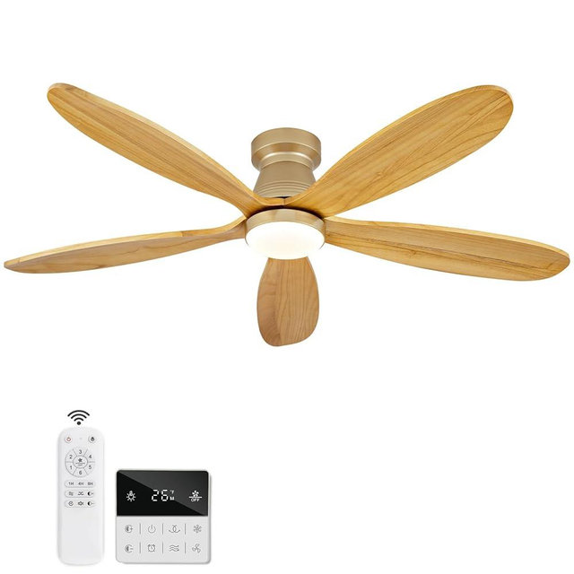 KENSID 48 Inch Flush Mount Ceiling Fans with Lights and Remote, Modern Low Profile Wood Ceiling Fan with Light，Indoor Outdoor Ceiling Fans for Patio Office, Dimmable, Wall Switch, Memory Function