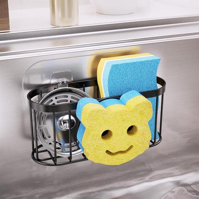 Consumest Sponge Holder, Smiley Face Kitchen Sink Caddy, Sink Organizer with Removable Suction Cups & Adhesive Strips, Suit for Sponge, Soap, Black