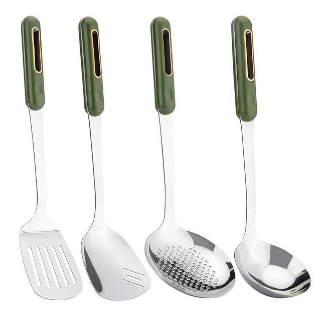 FJNATINH Cooking Utensils - Spatula, Ladle, Skimmer Spoon, Slotted Spatula - 4 Pieces Stainless Steel Wok Utensils Set for Carbon Steel,Green Handle