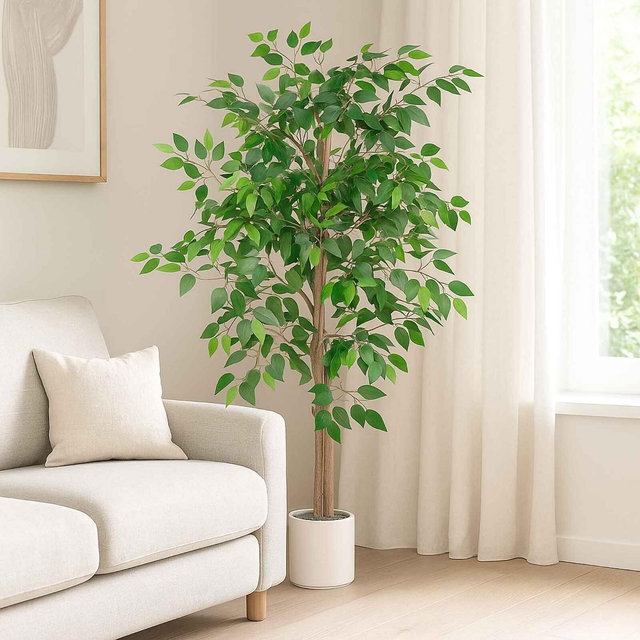 Romswi 5FT Artificial Ficus Tree with White Planter, Realistic Leaves, Natural Wood Trunk, Faux Greenry Plant, Indoor Home Office Decor