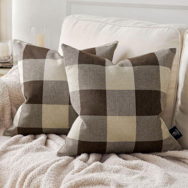 Phantoscope Pack of 2 Gingham Buffalo Check Plaid Throw Decorative Pillow Cover Outdoor Indoor Throw Pillows Farmhouse Square Pillow Cases for Home Decor Coffee,18 x 18 Inches