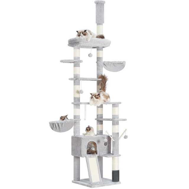 Hey-brother Cat Tree, 98.4-110.2 Inches Floor to Ceiling Cat Tree-Adjustable Height, Tall Cat Climbing Tower for Cats Large Adult with Scratching Post, Cat cando, Light Gray 0MPJ091W