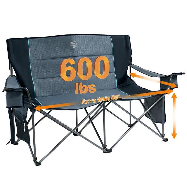 TIMBER RIDGE Double Camping Chairs Camping Couch, 2 Person Camping Loveseat Double Folding Camp Chair with Wine Glass Holder, Portable Chair for Outdoor, Lawn Chairs, Indoor, Supports 600LBS, Blue