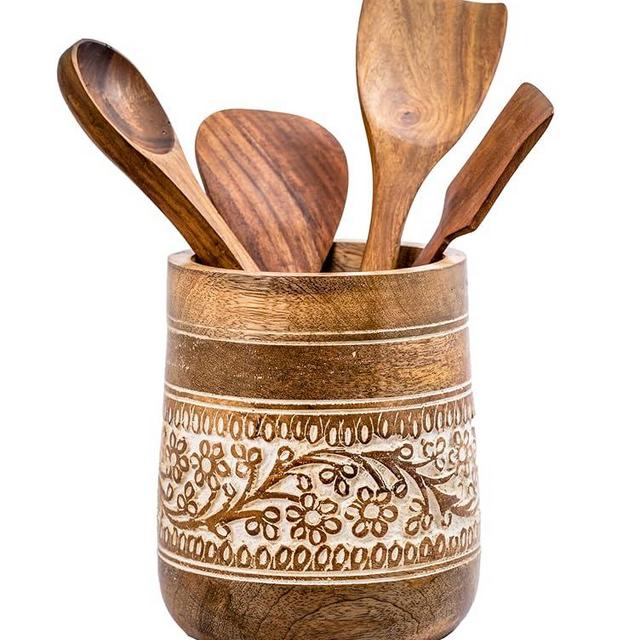 Mie Creations Farmhouse 7'' Large Utensil Holder for Kitchen Counter | Handcrafted Wooden Utensils Crock Cooking Spatula Organizer | Elegant Floral Design Utensil Caddy, Countertop Supplies- White