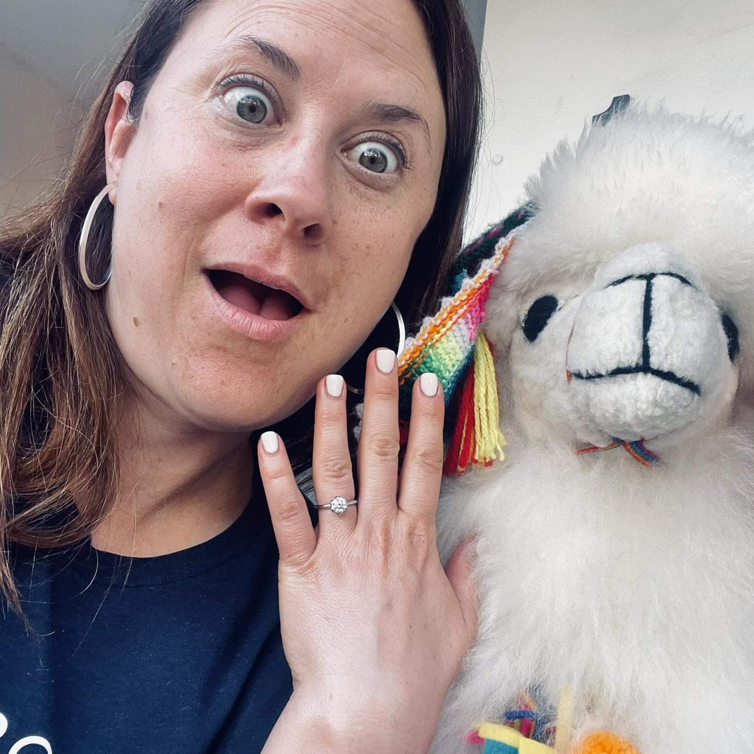 Selfie for Karis Horton, cousin of the bride. Best way to announce an engagement is definitely with a lama.