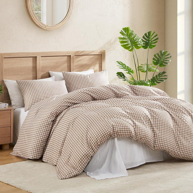 Andency Gingham Duvet Cover King Size, Tan Brown Checkered Plaid Bedding Set, 3 Pieces Soft Prewashed Polyester Comforter Cover with Zipper Closure & Corner Ties