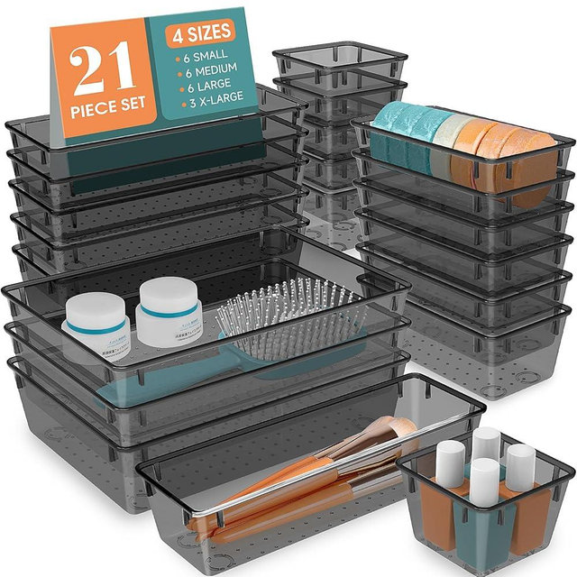 WOWBOX 21 PCS Clear Plastic Drawer Organizer Set, 4 Sizes Desk Drawer Divider Organizers and Storage Bins for Makeup, Jewelry, Gadgets for Kitchen, Bedroom, Bathroom, Office, Black