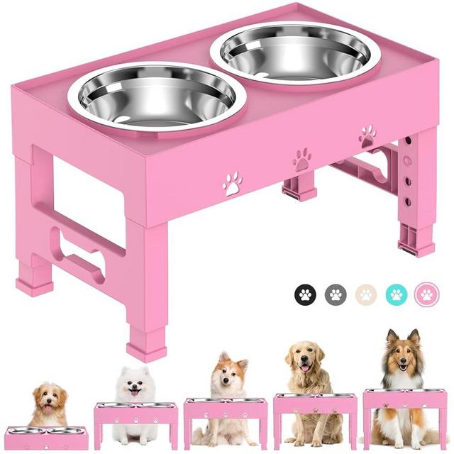 LAKIPETN Elevated Dog Bowls 5 Height Adjustable Non-Slip Stand Adjusts to 3.1", 9", 10", 11", & 12" with 2 Stainless Steel Raised Dog Food Bowl for Medium Large Dogs and Pets (Pink)